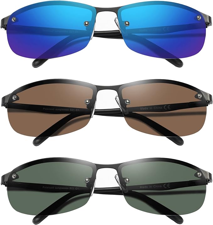 Photo 1 of 3 Pack Polarized Sunglasses for Men, Semi-Rimless Frame Driving Fishing Sun glasses UV400 Block Glare/Blue Light
