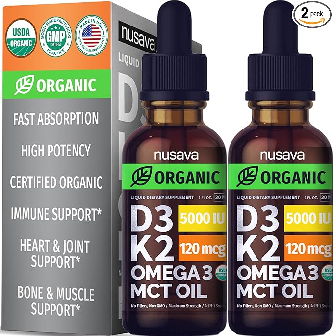 Photo 1 of (2 Pack) Organic Vitamin D3 K2 Drops w MCT Oil Omega 3, 5000 IU, Vitamin D Liquid 5000 IU, No Fillers, Non-GMO Liquid D3 for Body’s Defenses & Faster Absorption, Unflavored, 2 Fl Oz Liquid Vitamin D3
