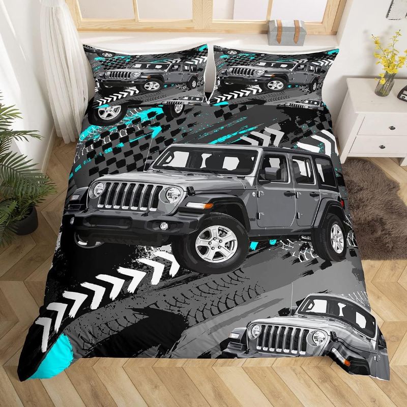 Photo 1 of  Boys Car Duvet Cover Grunge Truck Bedding Set for Kids Teens Adult,Military Truck Comforter Cover Full Size Lightweight Soft Black Grey Track Grid Bed Sets with 2 Pillowcases Bedroom Decor
