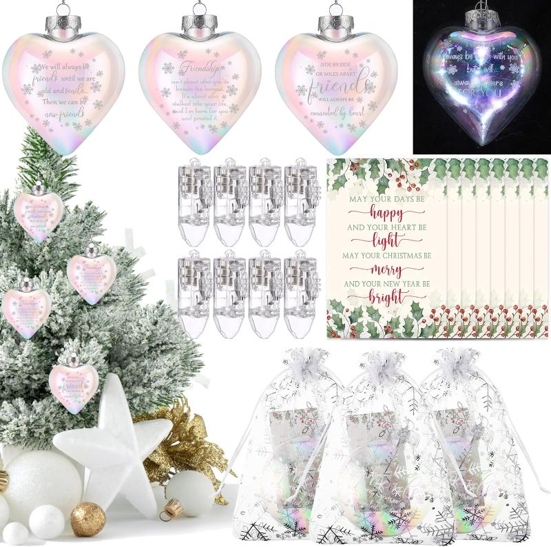 Photo 1 of 8 Sets Friends Ornament for Christmas Tree White LED Light Decor Long Distance Gifts Ball Lights Xmas Hanging Ornament Ball with Card Gift Bag BFF Sisters Friendship (Hearted)