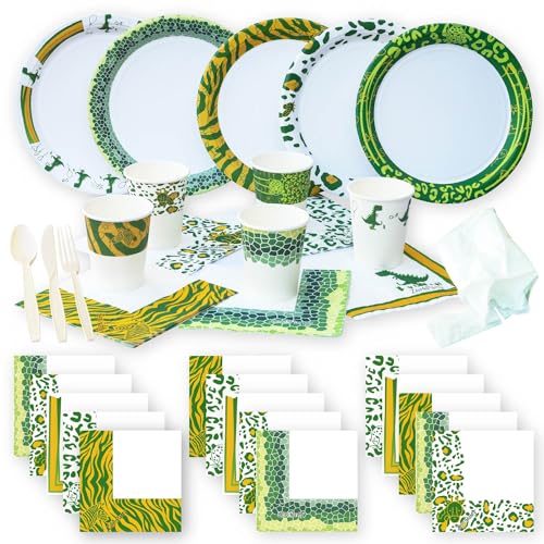 Photo 1 of 352pcs Zoo Animal Party Decorations 50 Guests, Wild One Plates and Napkin Sets TrashBag, Dinosaur Zebra Giraffe Leopard Party Tableware + Kids Activit