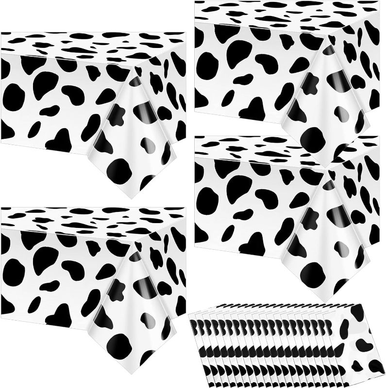 Photo 1 of 24 Pcs Cow Tablecloth 54 x 108 Inch Cow Table Cloths for Parties Cow Tablecloth Cow Party Supplies Disposable Plastic Rectangular Table Cover for Farm Animal Birthday, Black and White