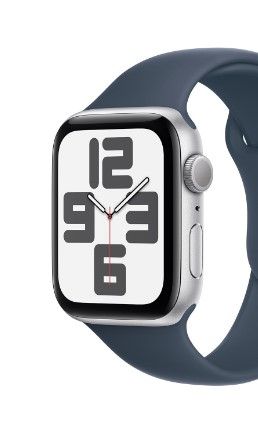 Photo 1 of Apple Watch SE GPS 44mm Silver Aluminum Case with Storm Blue Sport Band - M/L Silver Aluminum Case with Storm Blue Sport Band 44mm M/L - fits 160–210mm wrists 