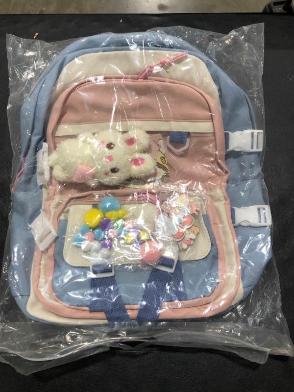 Photo 2 of Kawaii Backpack with Cute Plush Pendant Pin Accessories Kawaii SchoolBackpack Cute Aesthetic Backpack Blue