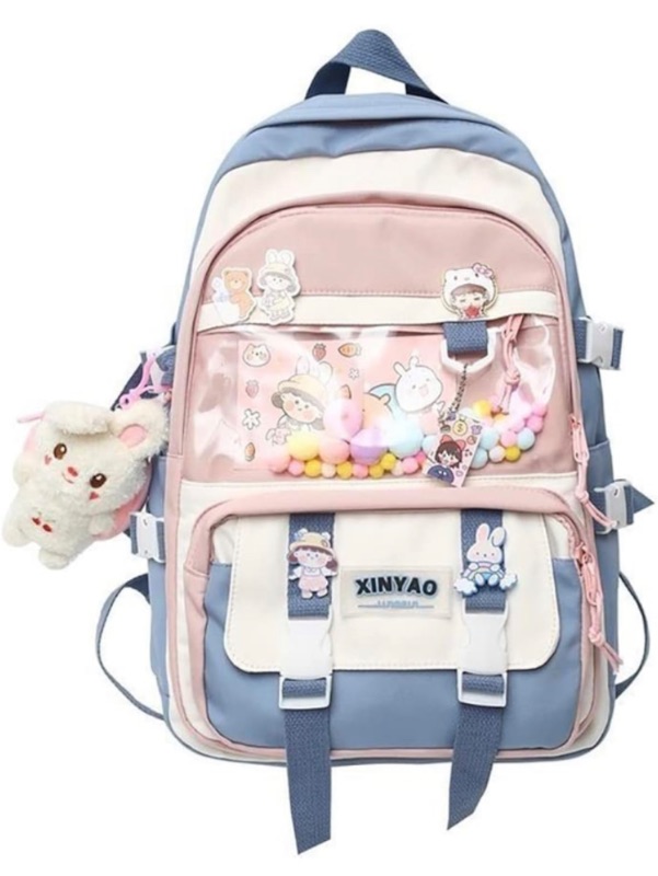 Photo 1 of Kawaii Backpack with Cute Plush Pendant Pin Accessories Kawaii SchoolBackpack Cute Aesthetic Backpack Blue