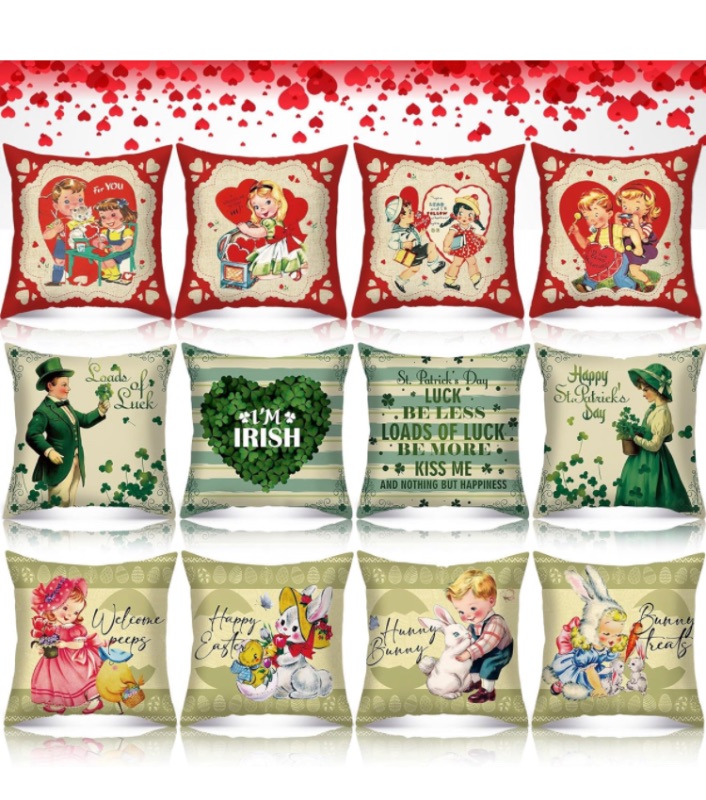 Photo 1 of 12 Pcs Easter Pillow Covers Retro St. Patricks Day Throw Pillow Covers 18 x 18 Vintage Victorian Pillow Cases Bulk for Seasonal Holiday Valentines Day Party Favors Couch Sofa Bed