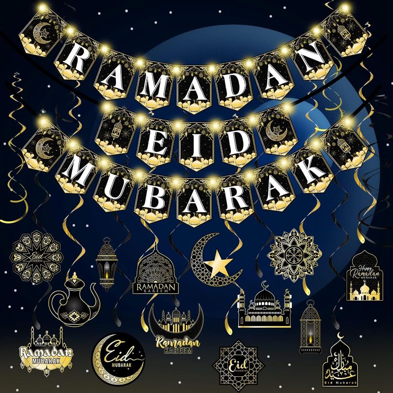 Photo 1 of 2 in 1 Ramadan Eid Mubarak Decoration 22 Pcs Ramadan Eid Hanging Swirls 3 Pcs Ramadan Eid Mubarak Banner with String Light for Mosques Iftar Ramadan Eid Al Fitr Holiday Party Supplies
