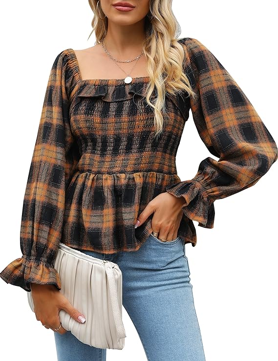 Photo 1 of BMJL Womens Flannel Shirts Square Neck Fall Shirts Buffalo Plaid Peplum Top Sexy Off The Shoulder Top Trendy 2023 M 
