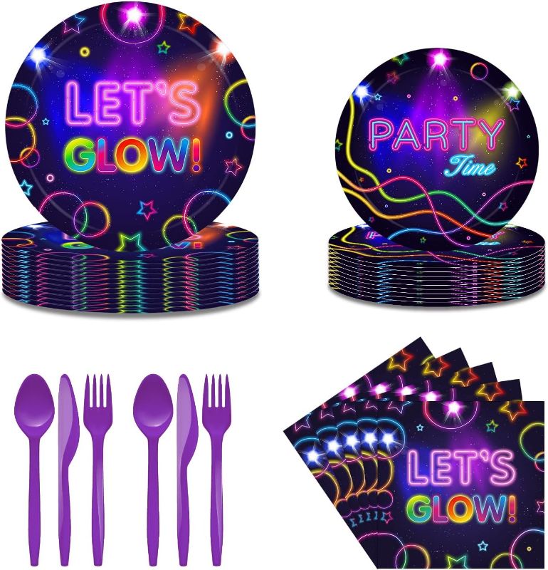 Photo 1 of 100PCS Neon Glow Birthday Party Tableware Set Decorations Neon Party Paper Plates Napkins Forks Spoons Knife Disposable Decorations for 16 Guests
