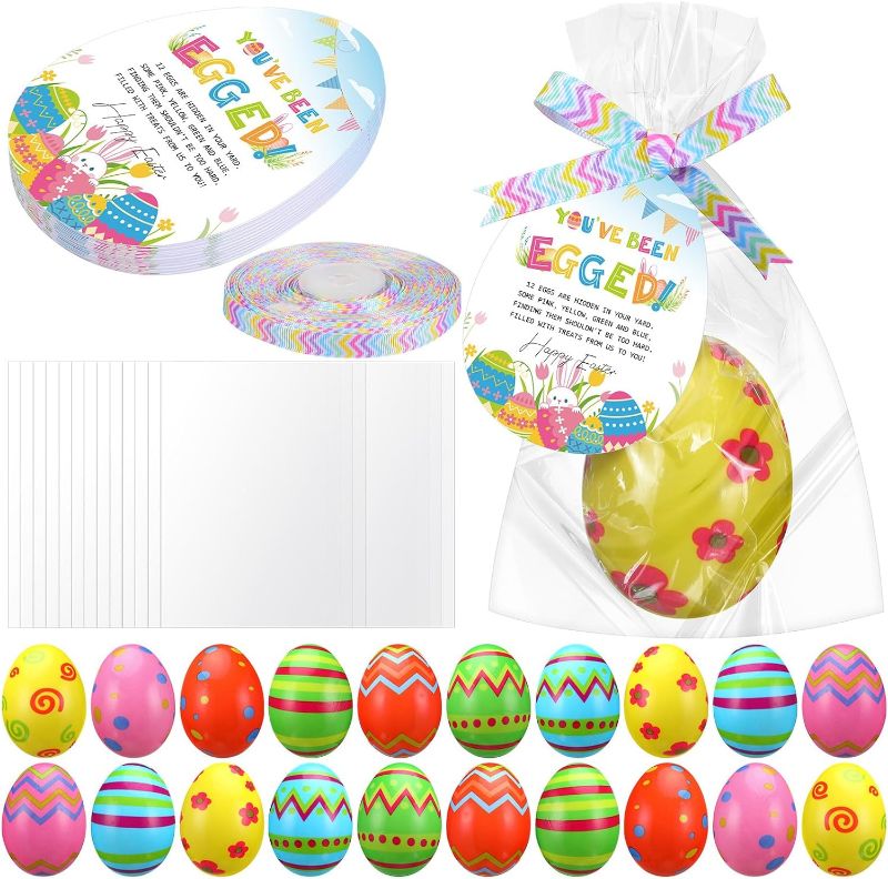 Photo 1 of 20 Set Easter Squishy Eggs Sets Easter Basket Stuffers with You've Been Egged Hanging Tags, Easter Eggs, Clear Gift Bags and Spring Easter Ribbon Happy Easter Stripe and Party Favors
