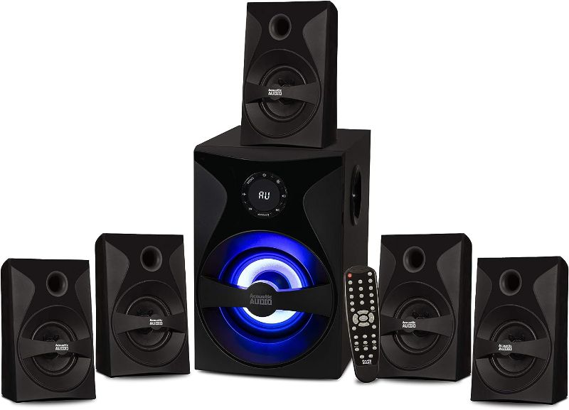 Photo 1 of 5.1 Surround Sound Home Theater Speaker System with LED Display, FM Tuner, USB/SD Inputs - 6-Piece Set with Remote Control, Black