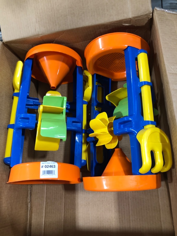 Photo 1 of American Plastic Toys Kids’ Sand and Water Wheel Tower, Flowing Sand and Water, Built-in Top Funnel, Sieve, and Wheels, Shovel and Rake Included, Learn About Solids, Liquids, Combination, for Ages 3+ (02460)-- 2 pcs 