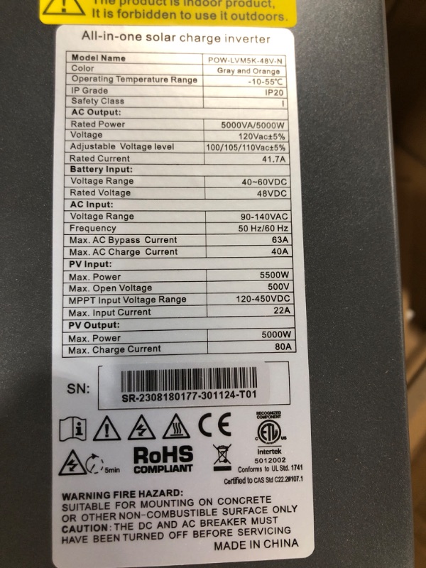 Photo 3 of PowMr 5000W Solar Inverter 48V DC to 110V AC, 5KW Pure Sine Wave Hybrid Inverter Charger Built-in 80A MPPT Controller, Max 500V PV Input, for 48V Lead-Acid/Lithium Batteries 5000W 48VDC to 110VAC