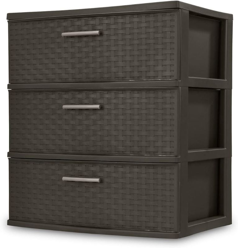 Photo 1 of 3 Drawer Wide Plastic Weave Tower with Pull Handles,Decorative Storage Drawers for Bedroom, Closet, Office, Espresso, 1-Pack
