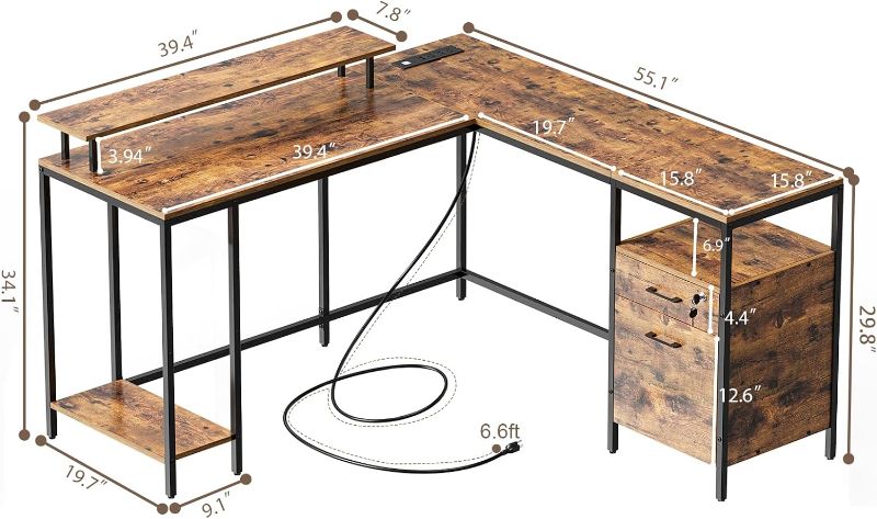 Photo 1 of SUPERJARE Reversible Computer Desk with Power Outlets & File Cabinet, L Shaped Desk with Monitor Stand & Storage Shelves, Corner Desk Home Office Desk, Rustic Brown
