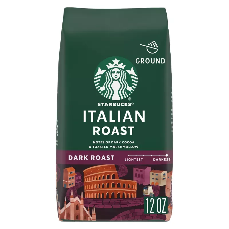 Photo 1 of Starbucks Ground Coffee, Italian Roast, Dark Roast Coffee, Notes of Dark Cocoa & Toasted Marshmallow, Ground 100% Arabica Coffee, 12-Ounce Bag 
EXP 03/18/2024