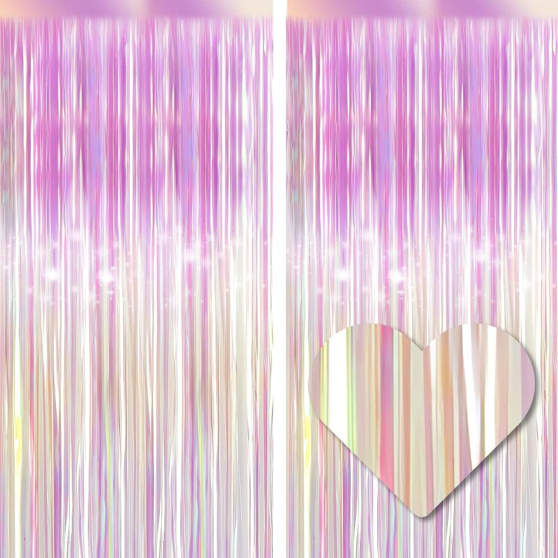 Photo 1 of 2 Pack 3.3 ft x 9.8 ft Foil Metallic Fringe Shimmer Streamers Curtains-UWANTME,Photo Backdrop Girl Princess Baby Birthday Party Wedding Event Galentines Day Decorations (Multicolor Decor 