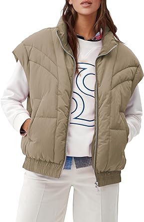 Photo 1 of Fisoew Womens Oversized Puffer Vest Stand Collar Zip Up Winter Sleeveless Coat with Pockets Size M