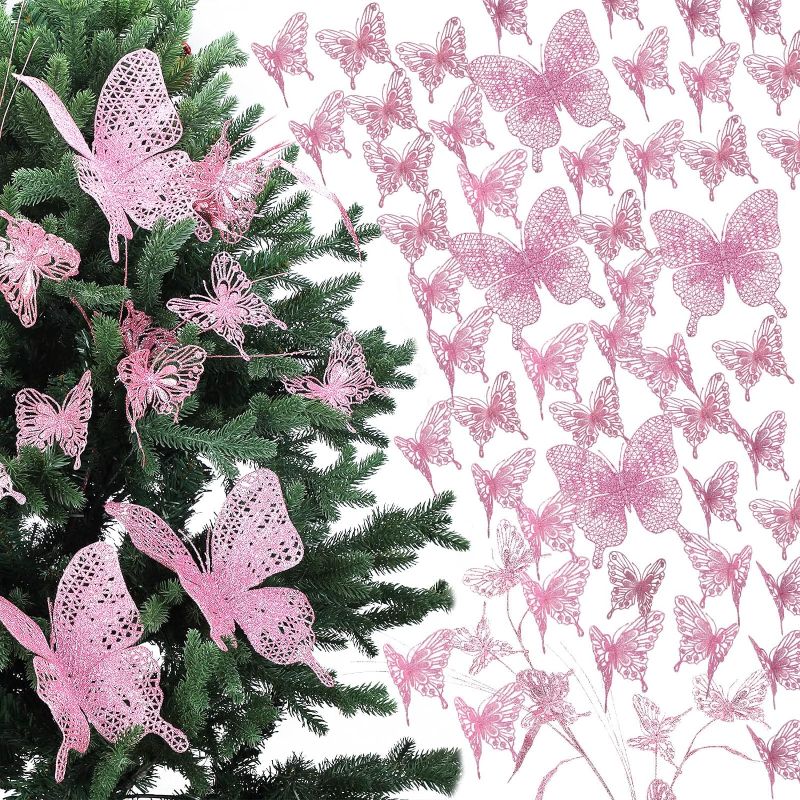 Photo 1 of 24 Pieces Glitter Butterfly Christmas Tree Ornaments Pink Hollow Butterfly Christmas Decoration Artificial Christmas Stems 3D Fake Christmas Picks for Christmas Tree Party Decor (Pink)
