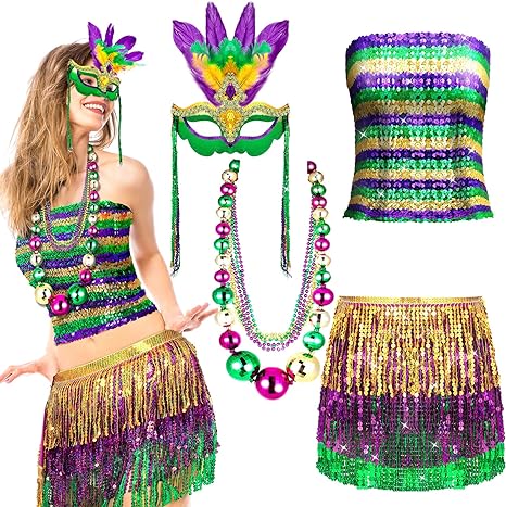 Photo 1 of 10 Pcs Mardi Gras Costume Outfit Accessories Women Sequin Tube Wrap Skirt Feather Mask Jumbo Necklace Bead