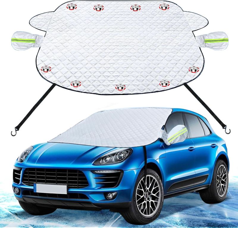 Photo 1 of Car Windshield Snow Cover, Magnetic Windshield Cover for Ice and Snow 5-Layer Protection with Mirror Protector Windproof Webbing Straps, Windscreen Frost Protector for Most Car SUV RV Vans and Trucks 