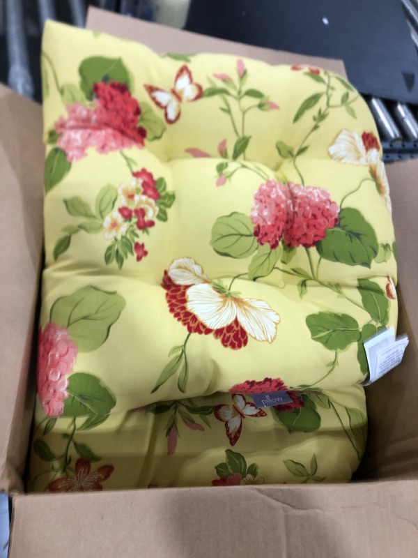 Photo 2 of Pillow Perfect Bright Floral Indoor/Outdoor Chair Seat Cushion, Tufted, Weather, and Fade Resistant, 19" x 19", Gold/Red Risa, 2 Count Gold/Red Risa 19" x 19"