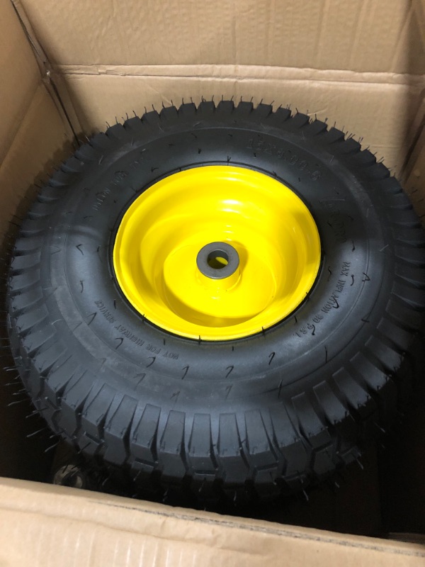 Photo 2 of (2 Pack) AR-PRO Exact Replacement 15" x 6.00 - 6" Front Tire and Wheel Assemblies for John Deere Riding Mowers - Compatible with John Deere 100 and D100 Series - 3” Hub Offset and 3/4” Bushings 15" x 6.00-6" Yellow