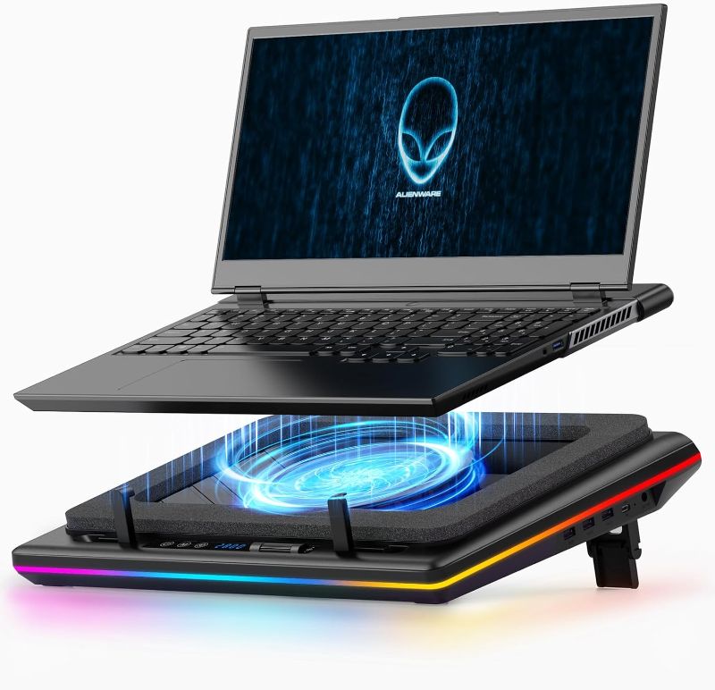 Photo 1 of 2023 New Gaming Laptop Cooling Pad with Powerful Turbofan, RGB Laptop Cooler Radiator with Infinitely Variable Speed, Touch Control, LCD Screen, 3-Port USB, Seal Foam for Rapid Cooling Laptop 15-19in V12(Hub+RGB)