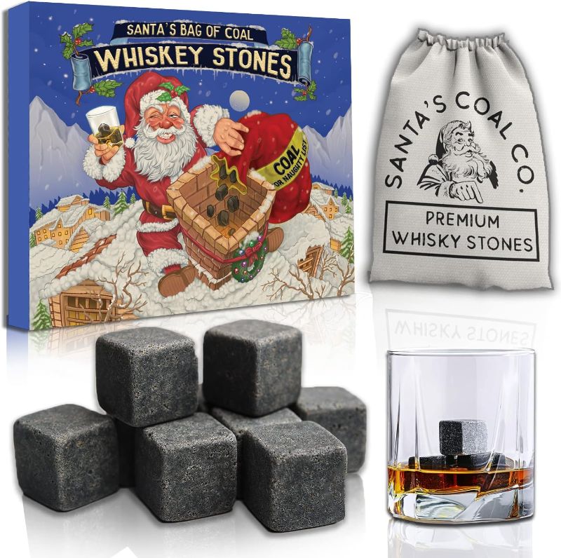 Photo 1 of 15 Whiskey Stones in Gift Box w/Sack - Naughty List Christmas Stocking Stuffers for Men. Bourbon Bar Gadget Gifts for Dad, White Elephant for Him Husband Boyfriend Adults. Soapstone Scotch Rocks