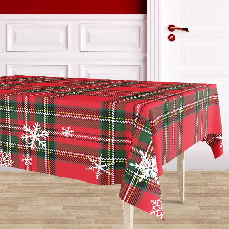 Photo 1 of  Christmas Checked Tablecloth Snowflake Table Cover Holidays Tablecloth Waterproof Table Cloth for Kitchen Dining Room Picnic Camping Birthday Party Table Decor Supplies 60'' x 102''