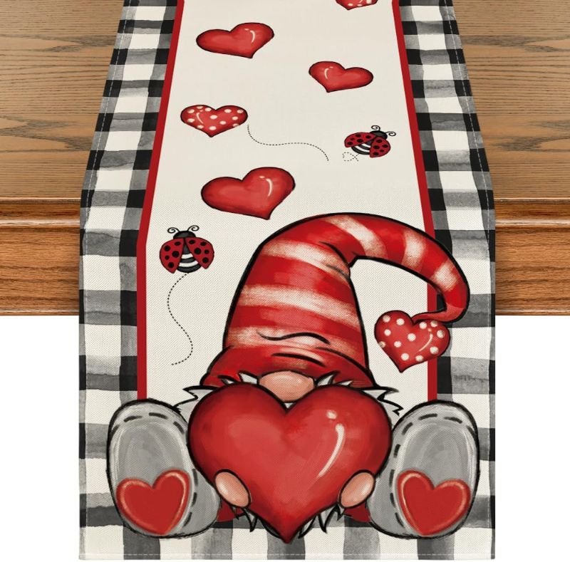 Photo 1 of  Plaid Gnome Valentine's Day Table Runner, Holiday Kitchen Dining Table Decoration for Home Party Indoor 13x108 Inch