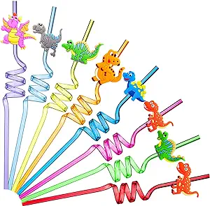 Photo 1 of 24 Pieces Reusable Dinosaur Straws Plastic Dinosaur Straws for Kids Safari Jungle Dinosaur Theme Straws for Dinosaur Party Decoration Supplies Birthday Party Favors, 8 Styles 