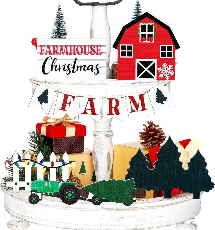 Photo 1 of 14 Pcs Farmhouse Christmas Tiered Tray Decor Christmas Wood Tabletop Decor Rustic Christmas Truck Xmas Tree Wooden Signs for Xmas Winter Farmhouse Home Party House Decoration (Farmhouse Style)
