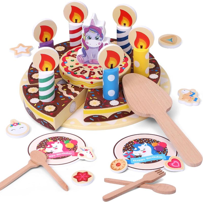 Photo 1 of Atoylink Wooden Birthday Cake Toys Kids Pretend Play Kitchen Accessories Unicorn Cake Playset with Play Food Tableware Toddler Girl Toys for 2 3 4 5 6 Year Old Christmas Birthday Gift - Chocolate
