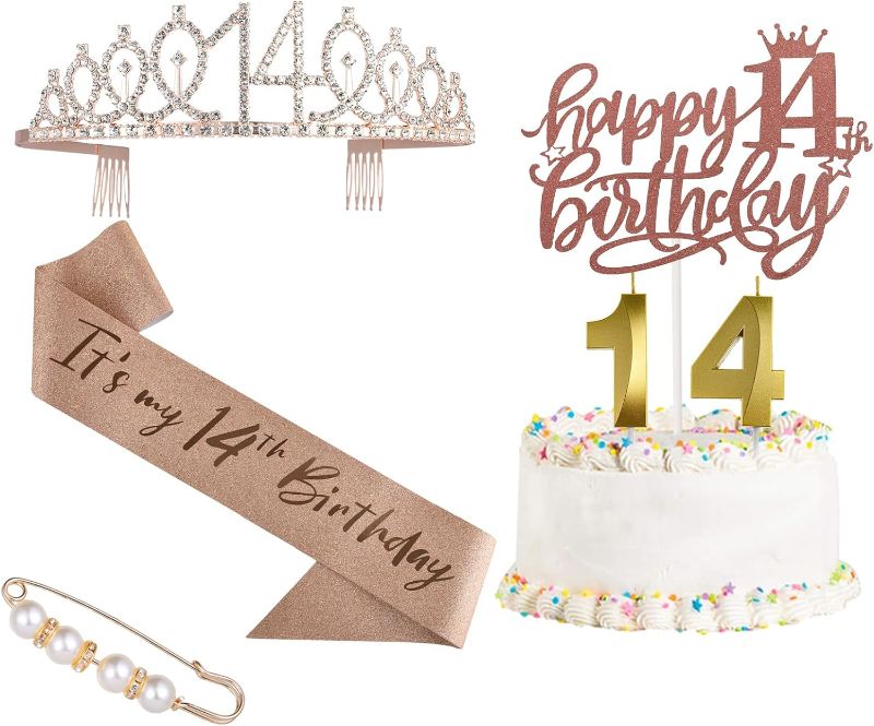 Photo 1 of 14th Birthday Decorations for Girls?Rose Gold 14 Birthday Crown Tiara ?Cake Topper, Birthday Sash with Peal Pin and Birthday Candles Kit,14th Birthday Gifts for Girls