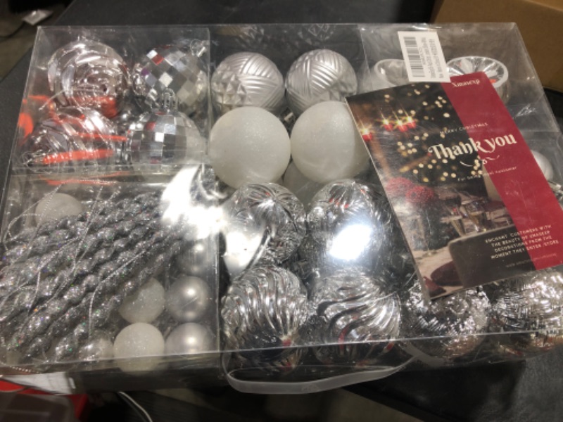 Photo 2 of XmasExp 99-Pack Christmas Ball Ornaments Assorted Shatterproof Christmas Ball Set with Reusable Hand-held Gift Package for Xmas Tree Decoration (Silver-White)