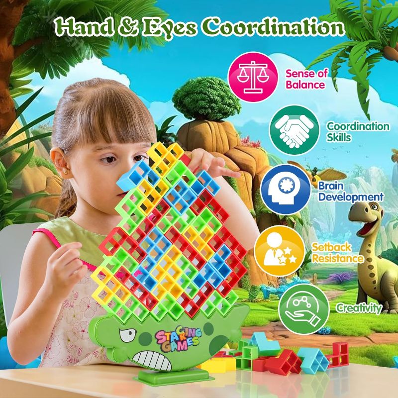 Photo 1 of 64Pcs Tetra Tower Game, Stack Attack Family Board for 2 Players Family Games, Dinosaur Building Blocks Stacking Balance Games Toys for Kids, Adults, Friends, Travel Party and Family Game Night