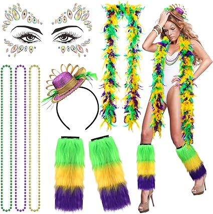 Photo 1 of 7 Pcs Mardi Gras Costume Accessory Set 1 Pair Mardi Gras Leg Warmer Covers 1 Mardi Gras Mini Hat Headband 1 Feather Boa 3 Mardi Gras Beads 1 Set Mermaid Face Gems for Women Girls Party