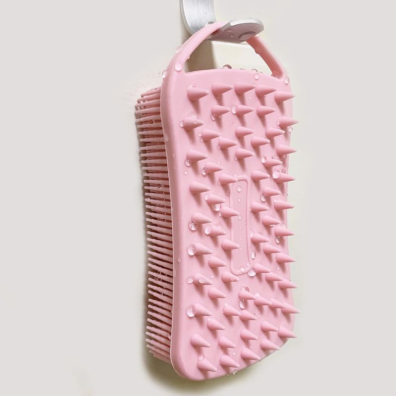 Photo 1 of YEADMAL Dual-use Silicone Body Scrubber with Scalp Massage Shampoo Brush Exfoliating Bath Body Brush Gentle Silicone Shower Scrubber for Men/Women/Baby Skin Cleansing, 1 Pack (Pink)