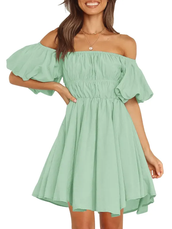 Photo 1 of  Women's Puff Sleeve Off Shoulder A Line Dress Ruffle Shirred Summer Mini Dress with Pockets Size S