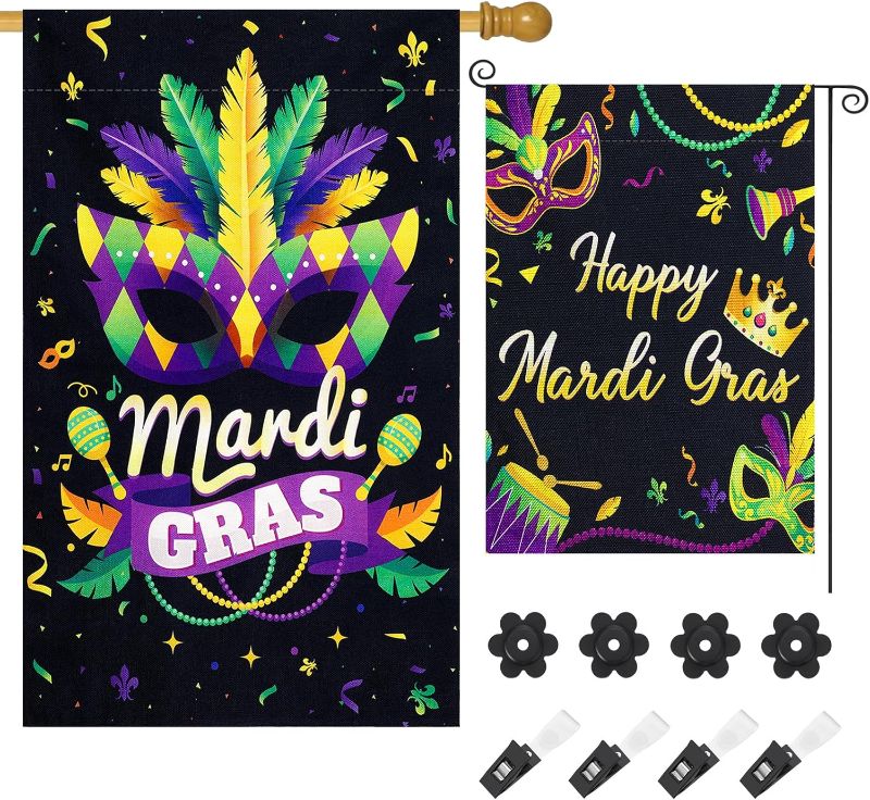 Photo 1 of 2Packs Mardi Gras House Flag,Mardi Gras Mask Garden Flag,New Orleans Party Double Sided Banner with 8pcs Garden Flag Clips and Stoppers for Masquerade Home Outdoor Decor(40"X28",16"X14")