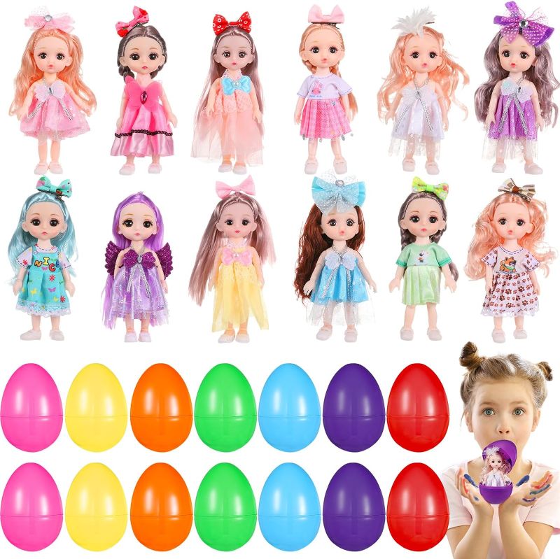 Photo 1 of 12 Pack Easter Basket Stuffers Eggs Filled, Easter Eggs Filled with Dolls Toy 6.3-6.69 inch, Large Eggs with Cute Dolls Inside Colorful Easter Dolls Toys for Girl