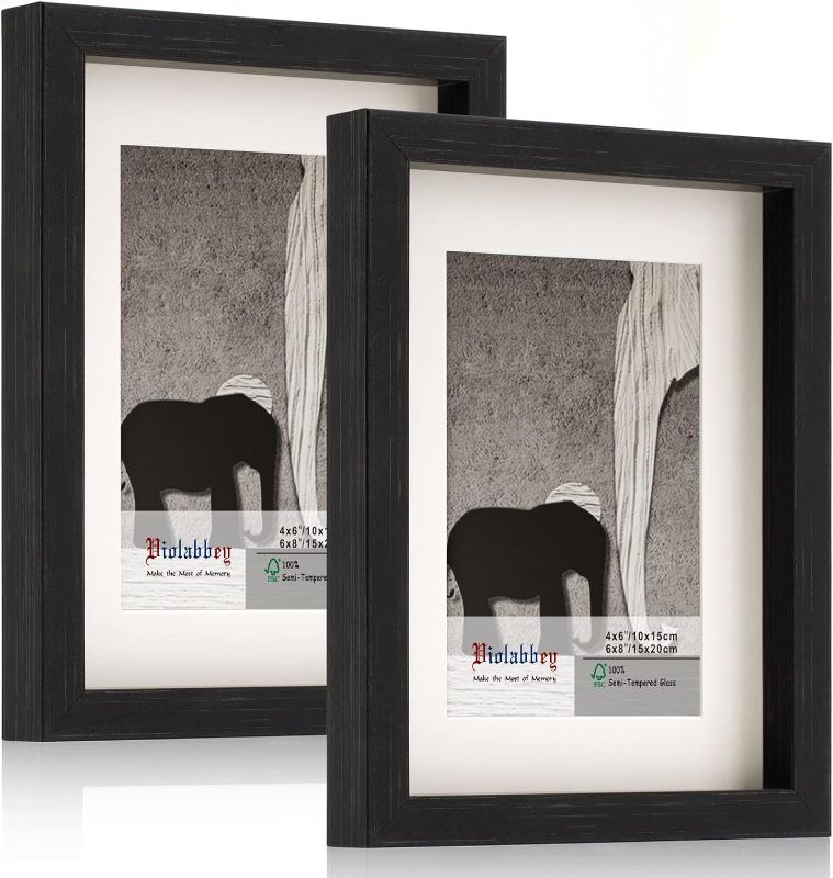 Photo 1 of 4x6 Picture Frame Black Set of 2, Photo Frame 4 by 6 Inch with Mat or 6x8 Inch without Mat, Wall or Tabletop Display