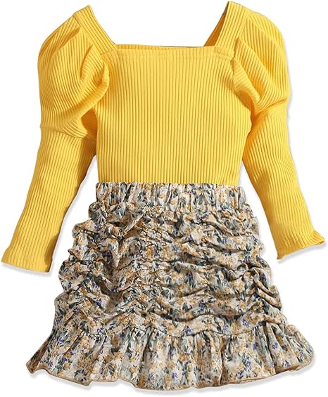 Photo 1 of  2Pcs Toddler Girl Skirt Set Spring Outfit Baby Girl Ruffle Long Sleeve Top and Floral Mini Skirt Clothes 5-6 years old 