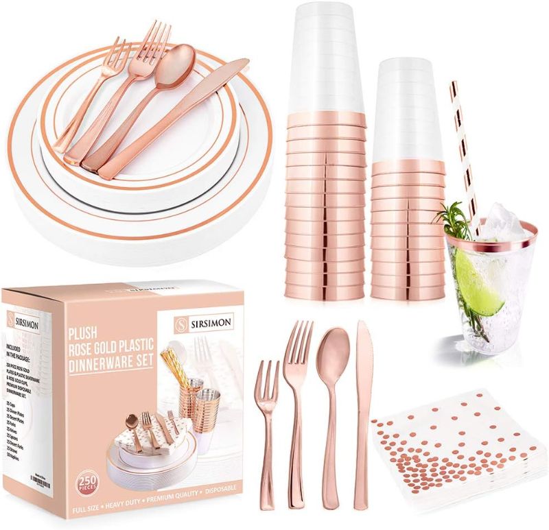 Photo 1 of 200 Piece Disposable Rose Gold Plastic Dinnerware Set - 50 Rose Gold Plastic Plates - 25 Rose Gold Plastic Silverware - 25 RoseGold Cups and Straws - 50 Fancy Napkins, Wedding or Party of 25