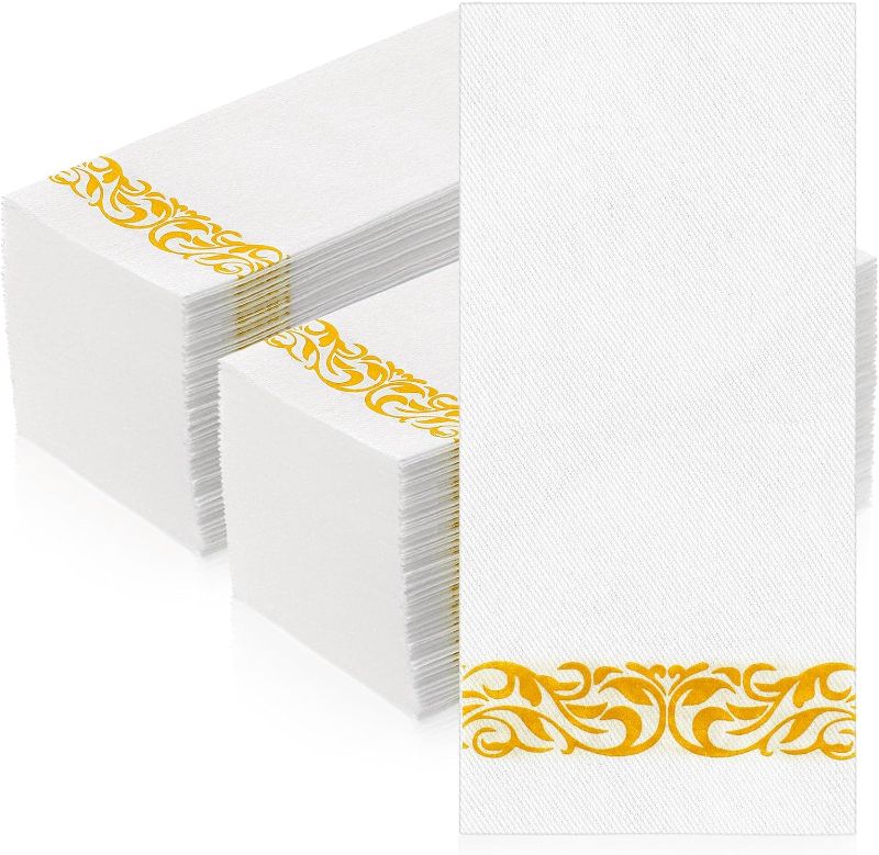 Photo 1 of 200 Pack Linen Disposable Dinner Napkins Elegant Cloth Decorative Paper Napkin Soft and Absorbent Guest Towels for Bathroom Kitchen Wedding Parties(Gold)