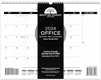 Photo 1 of 2024 Business Wall Calendar with Julian Date, Thick Paper Perfect for Organizing & Planning, January 2024 - December 2024, 15 x 11 Inches, Wire-Bound by Bright Day (Landscape)
