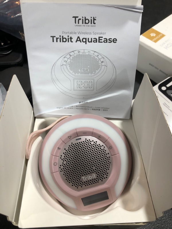 Photo 2 of Tribit AquaEase Bluetooth Shower Speaker, IPX7 Waterproof Wireless Speaker, 18H Playtime, Built-in Mic, Mini Speaker with Light, Stereo Pair, App Control, Portable Speaker for Outdoor and Home (Pink)