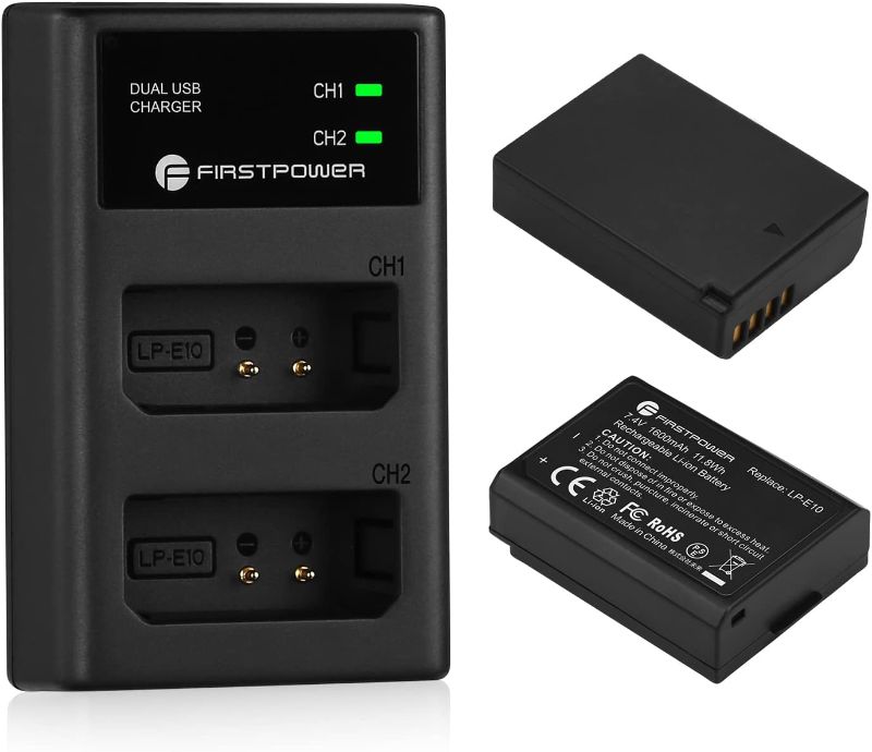 Photo 1 of FirstPower LP-E10 Battery (2-Pack) and Dual USB Charger Compatible with Canon EOS Rebel T3 T5 T6 T7 T100 Kiss X50 X70 X80 X90 1100D 1200D 1300D 1500D 4000D Digital Cameras
