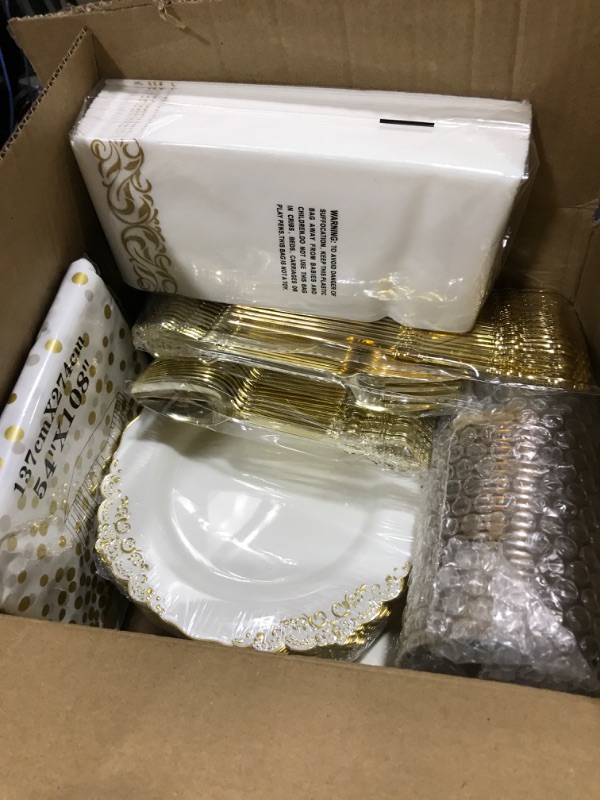 Photo 1 of 175 Piece Gold Glitter Plastic Dinnerware Set for 25 Guests, Fancy Disposable Plates for Party, Include: 25 Dinner Plates, 25 Dessert Plates, 25 Pre Rolled Napkins with Silverware, 25 Cups 